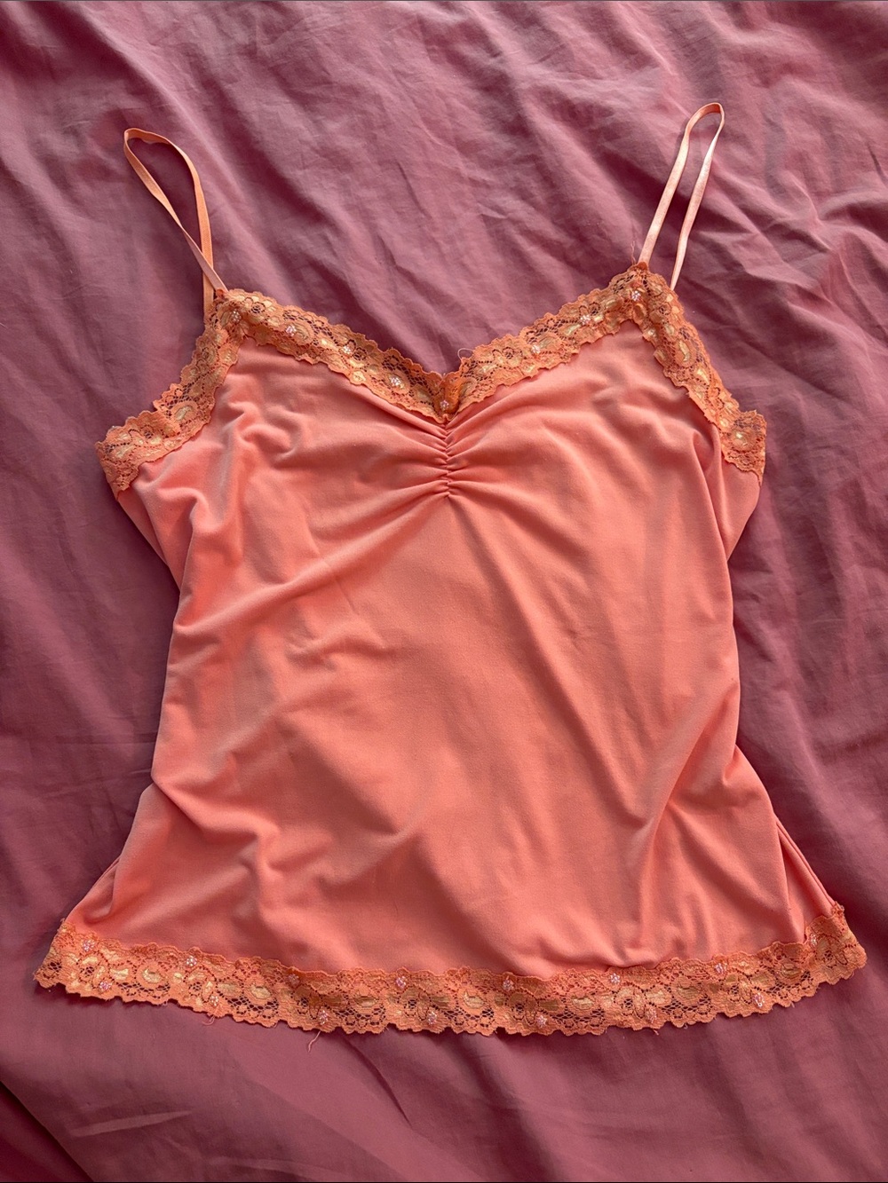 Y2K Coral beaded Lace Trim Cami Tank